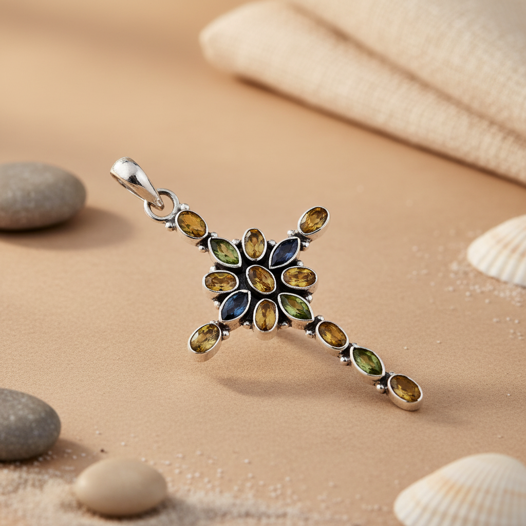 925 Silver Cross Pendant with Gemstones for Women | Gift