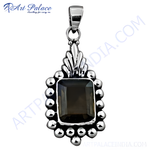 Load image into Gallery viewer, 925 sterling silver pendant with rectangular smoky quartz gemstone, silver bead detailing, and a high-shine finish.
