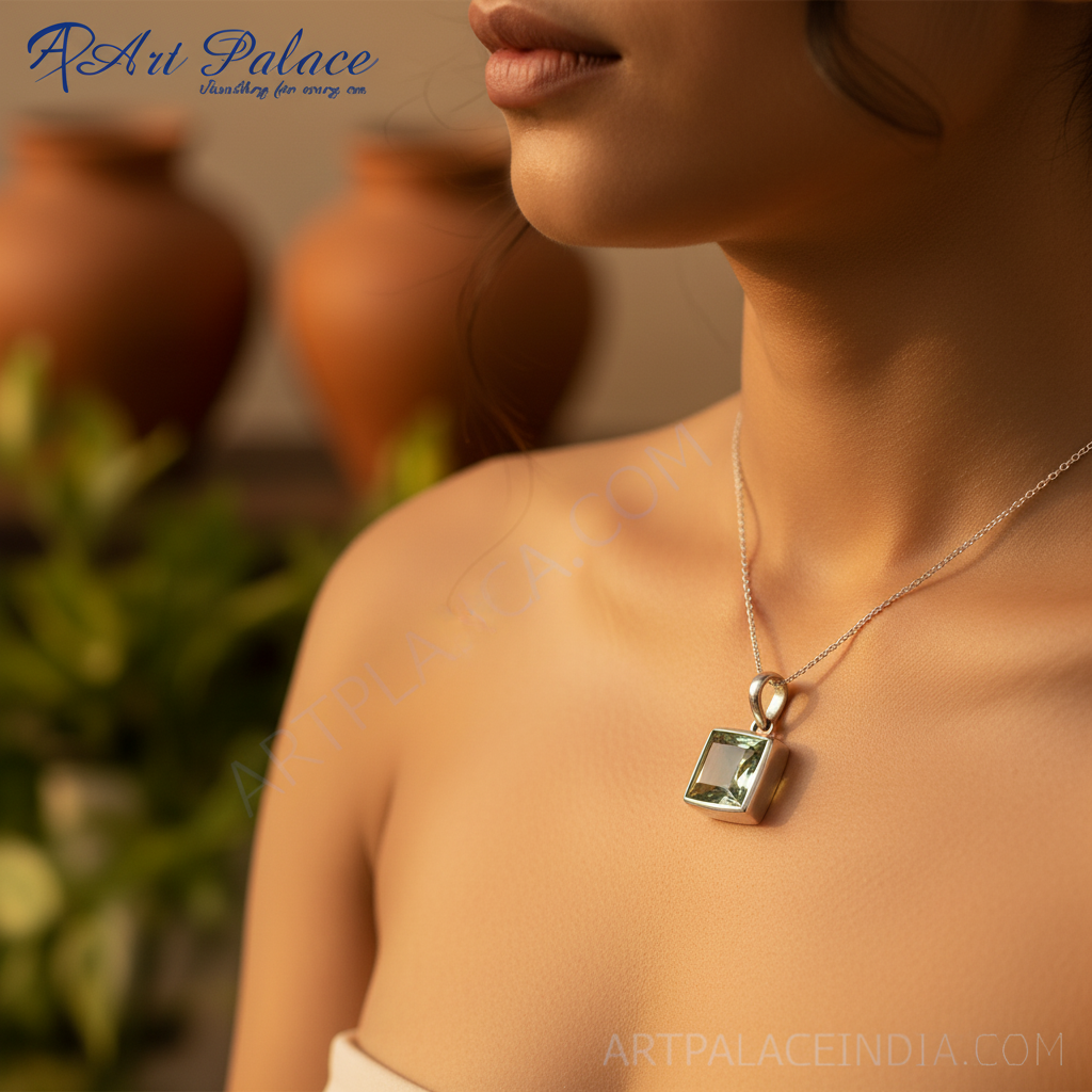 925 Silver Green Amethyst Pendant | Square Cut | For Women