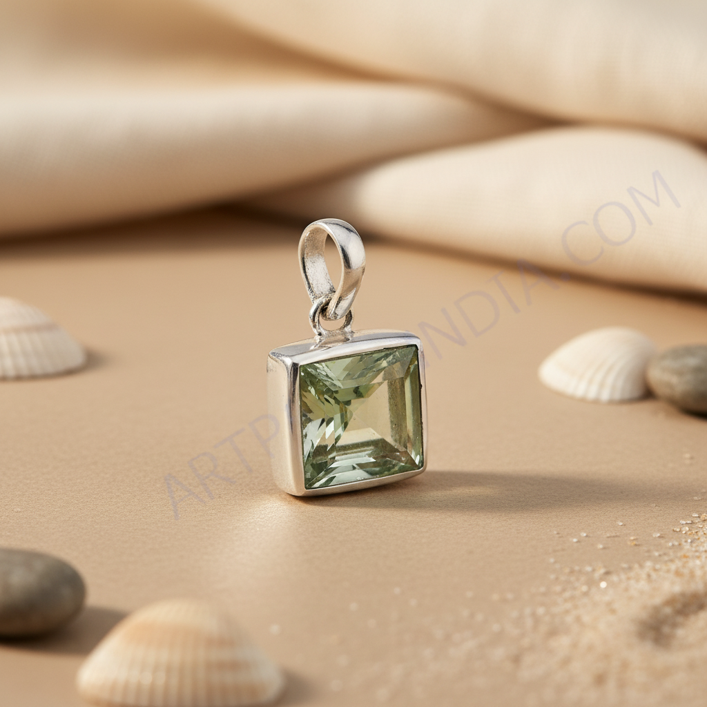 925 Silver Green Amethyst Pendant | Square Cut | For Women