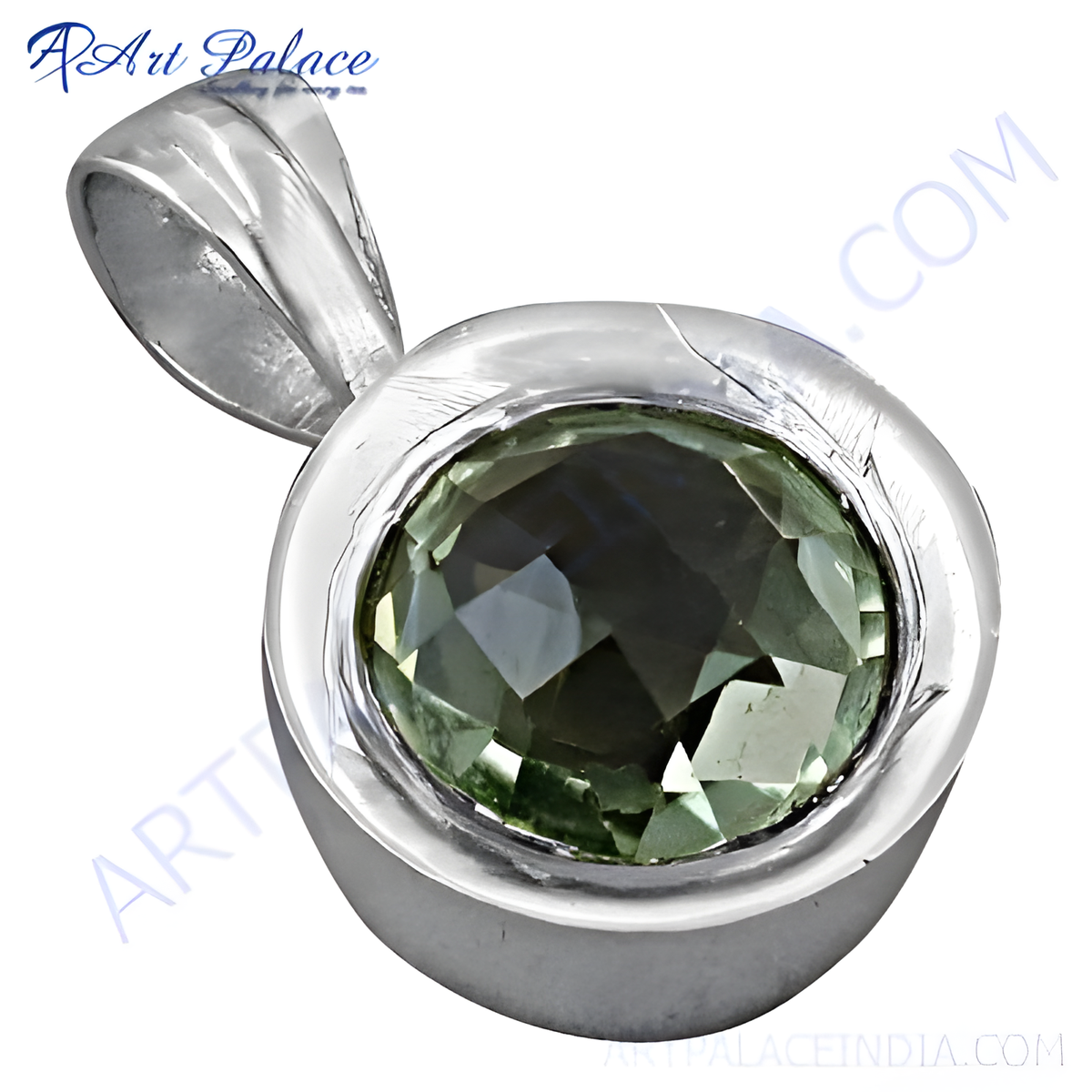 925 sterling silver pendant with a round, faceted green amethyst gemstone