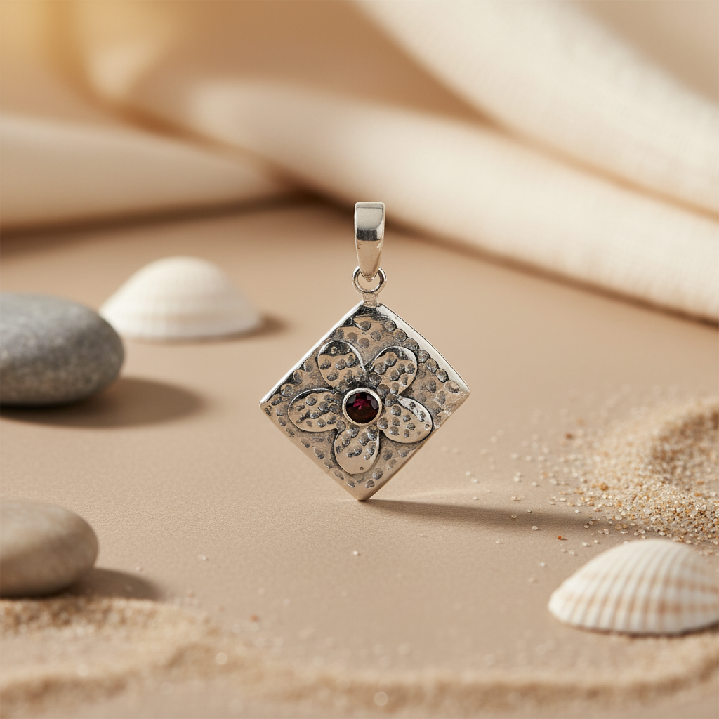 925 Silver Hammered Pendant with Garnet Stone | Women's Jewelry