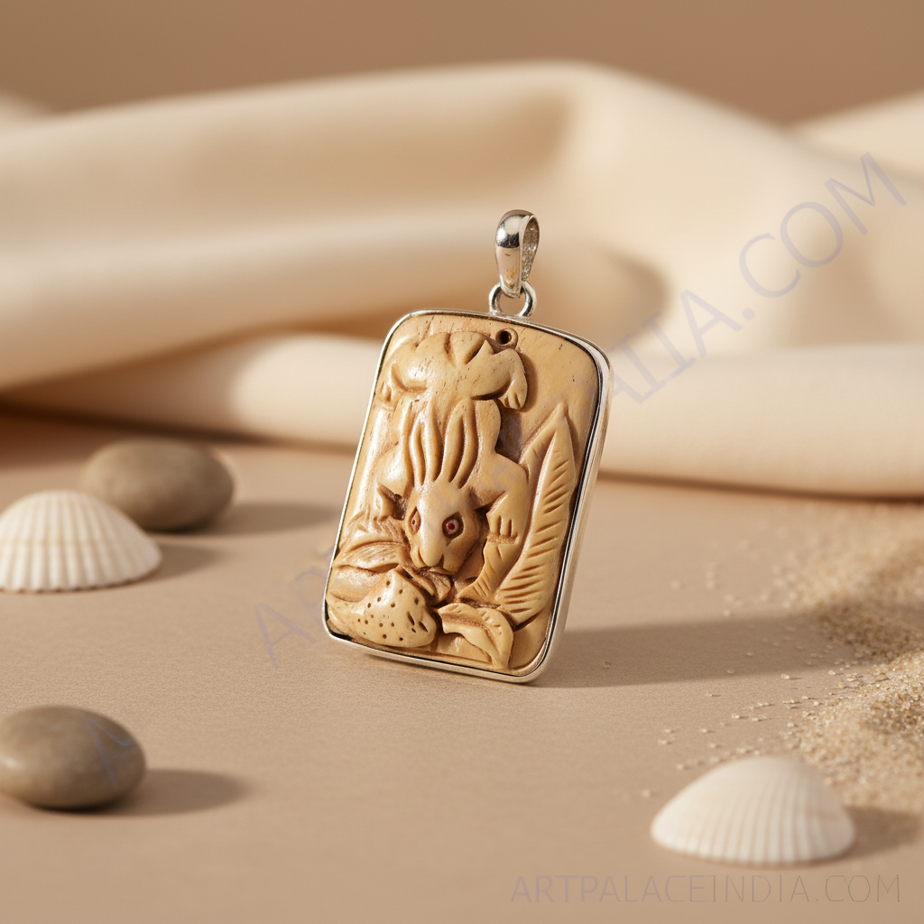 Carved bone pendant | rabbit design | silver border
