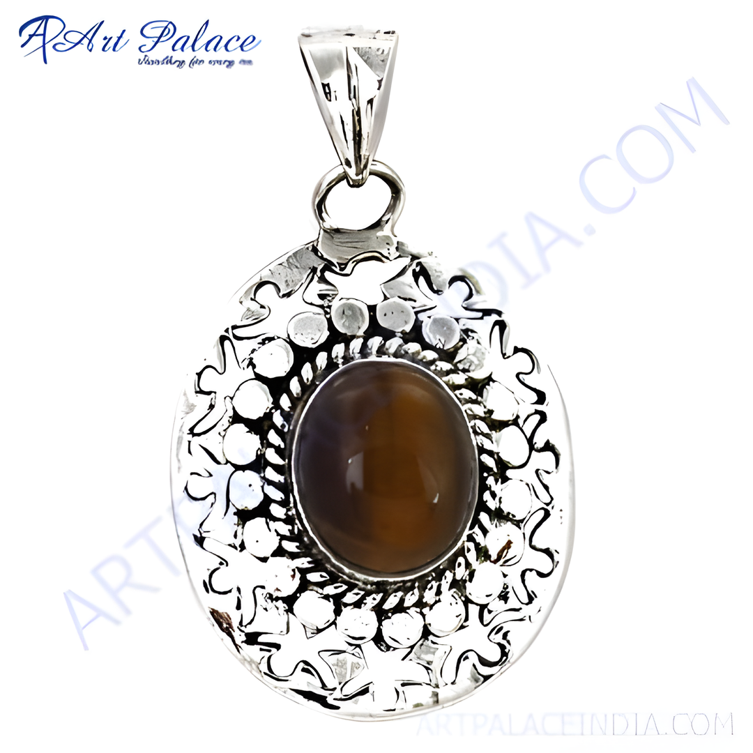 925 sterling silver oval pendant with brown agate stone center for women