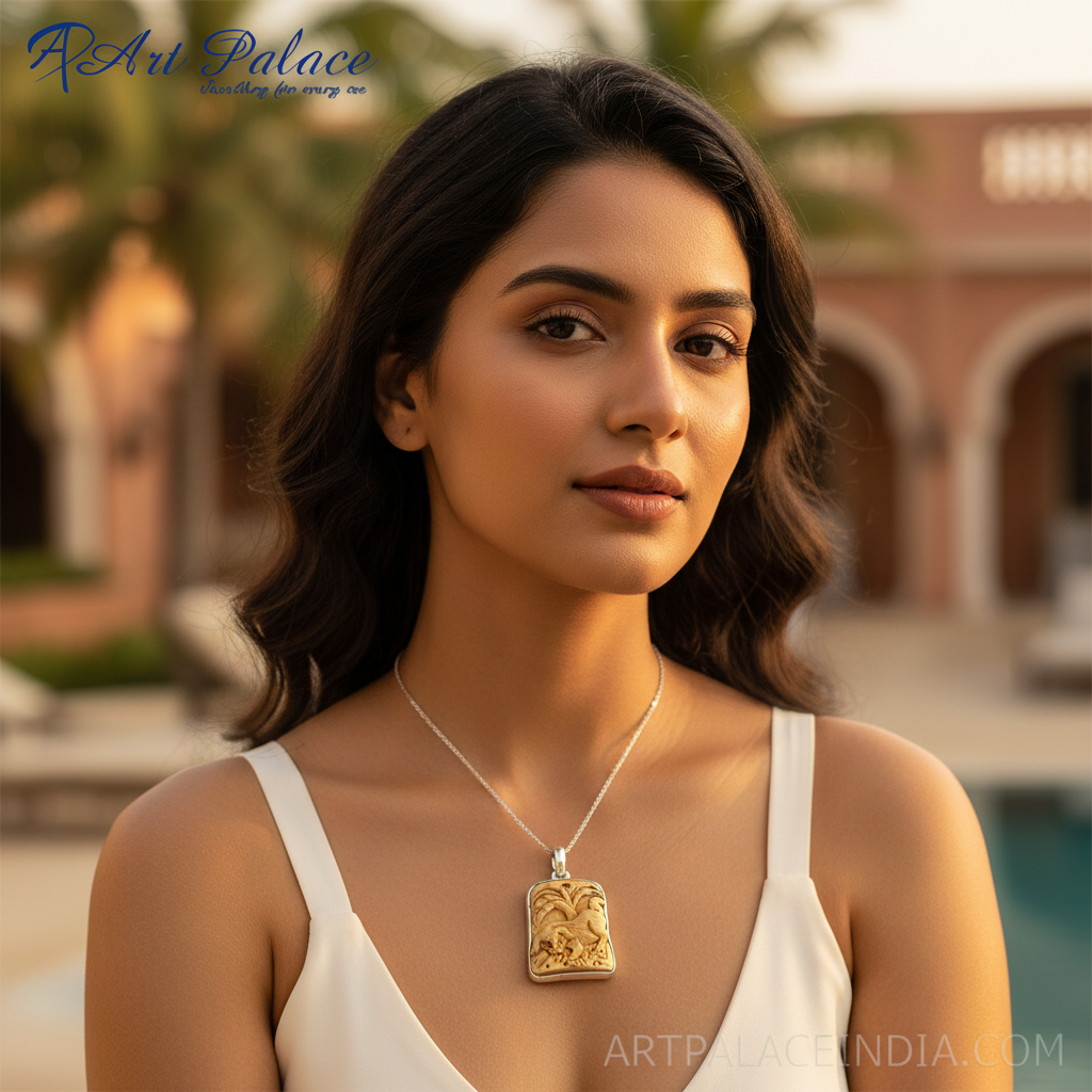 Carved Bone Pendant | Animal Motif | Silver Trim