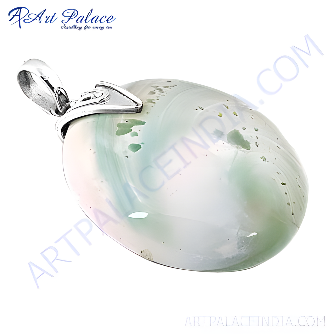 Silver pendant featuring a large oval-shaped natural stone with green and white color.