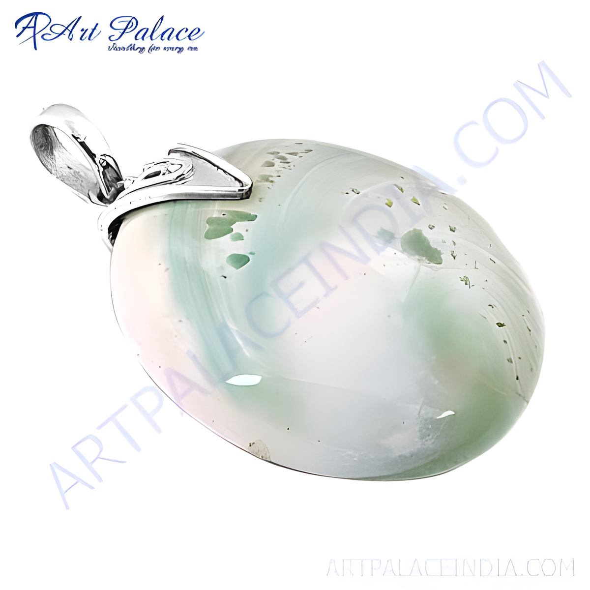 Silver pendant featuring a large oval shaped natural stone with green and white color
