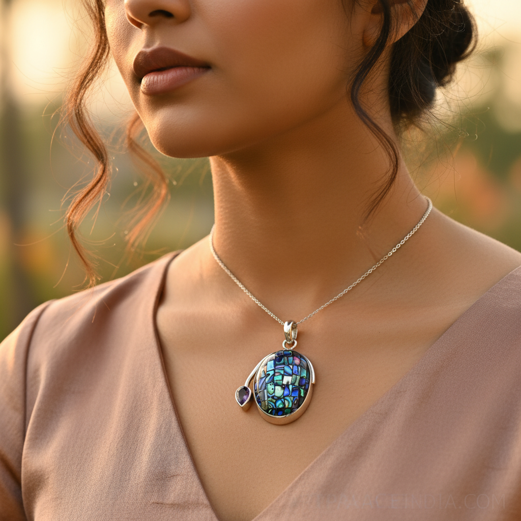 925 Silver Abalone Shell Pendant with Amethyst Stone | Women's Jewelry
