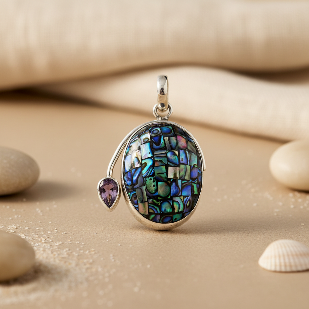 925 Silver Abalone Shell Pendant with Amethyst Stone | Women's Jewelry