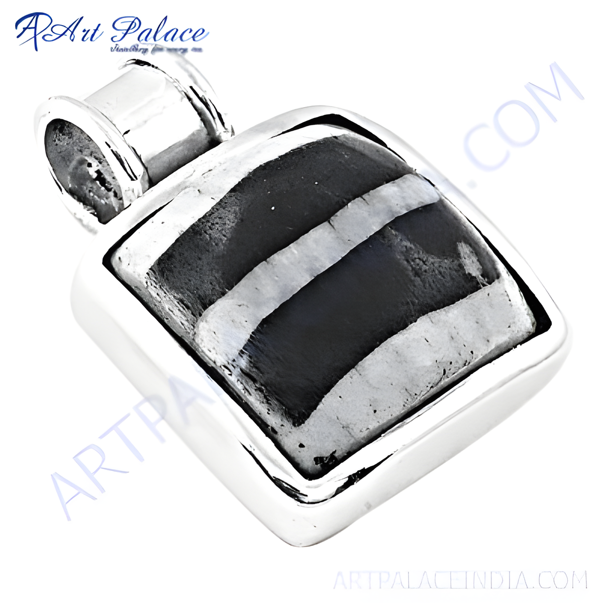 925 sterling silver zebra jasper pendant, featuring black and white striped gemstone with a polished finish
