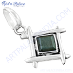 Load image into Gallery viewer, 925 sterling silver square pendant with a square green gemstone. Classic design for women.
