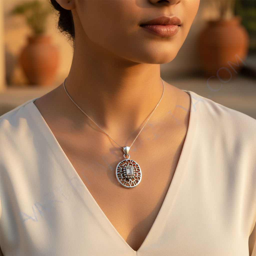 925 Silver Quartz Pendant Necklace | Women's Geometric Jewelry
