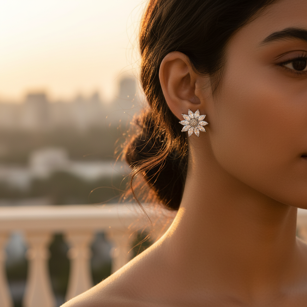 Silver Flower Stud Earrings with Cubic Zirconia | Women's Jewelry