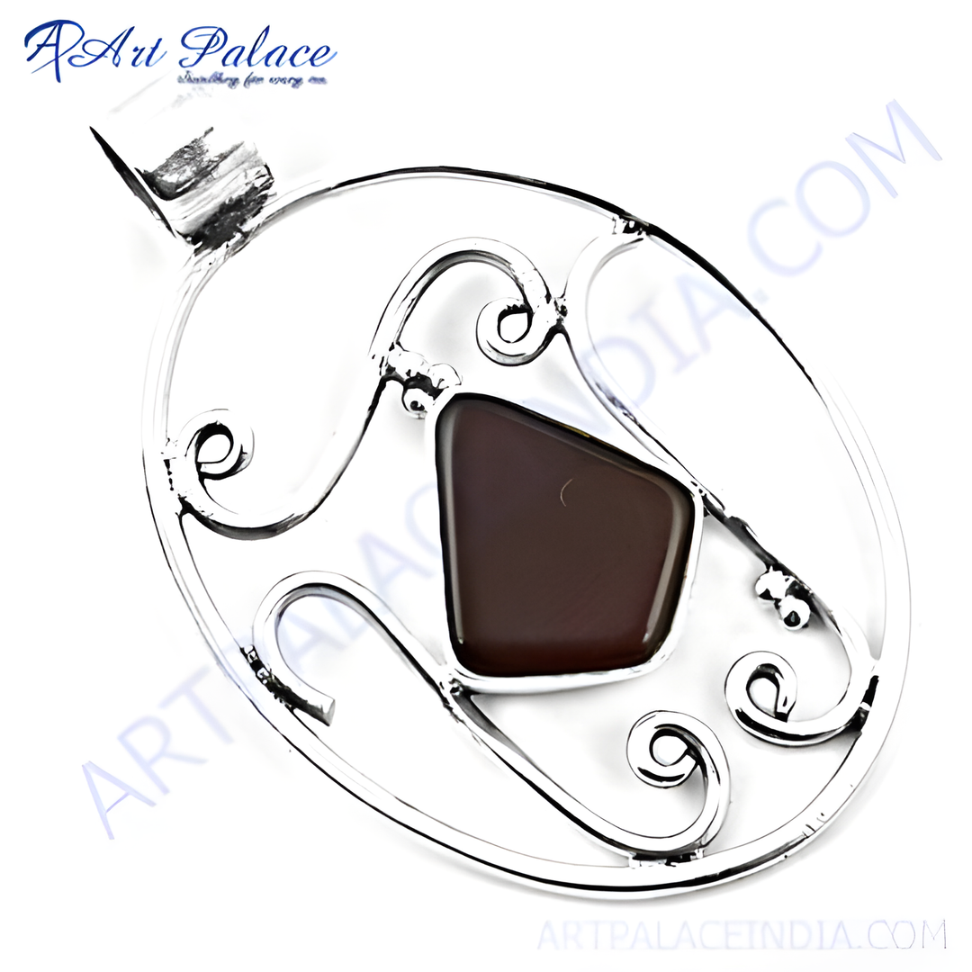 925 sterling silver pendant with a polished brown agate gemstone center