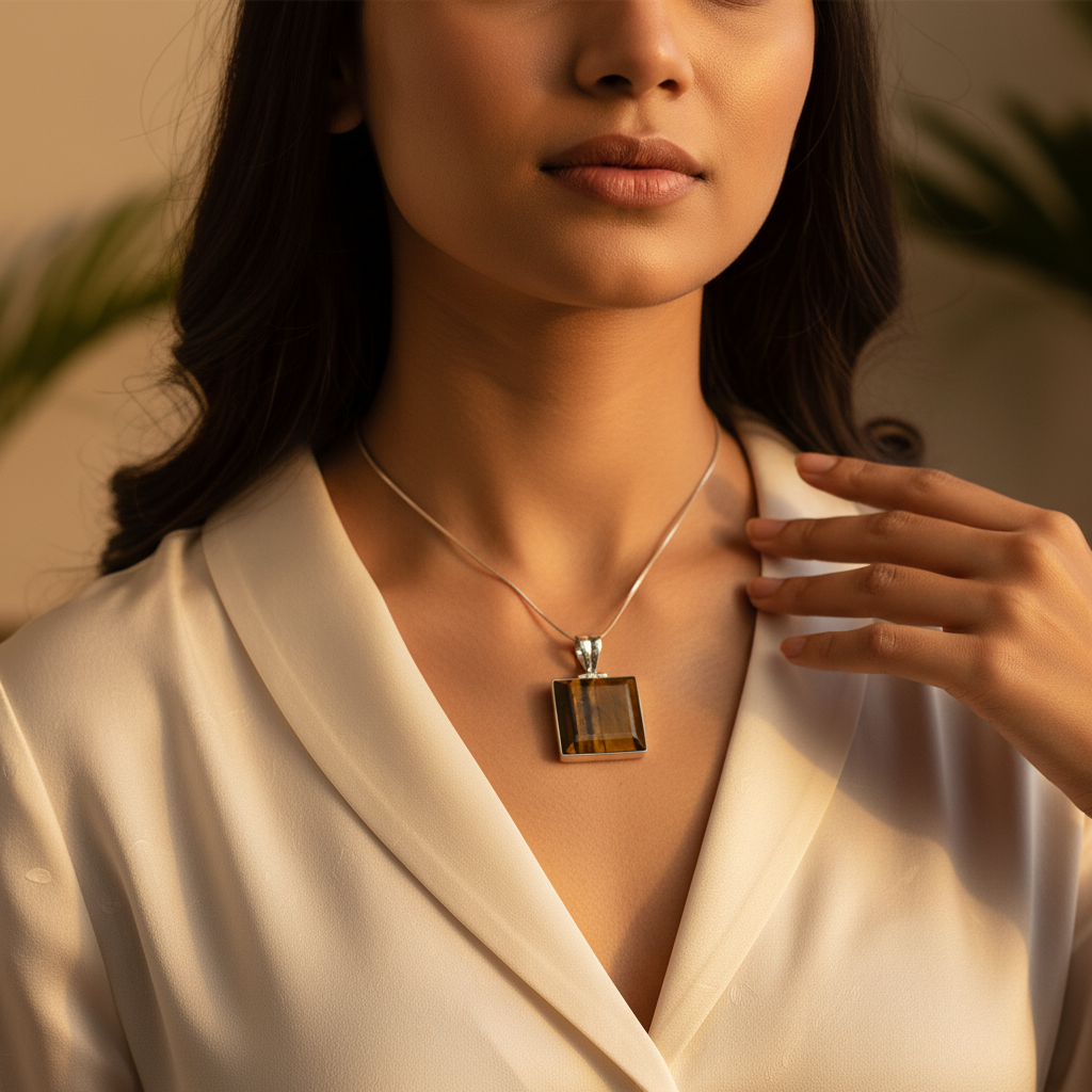 925 silver tiger's eye pendant | square gemstone pendant