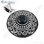 Load image into Gallery viewer, Sterling silver pendant with a black onyx gemstone center and intricate design detailing.
