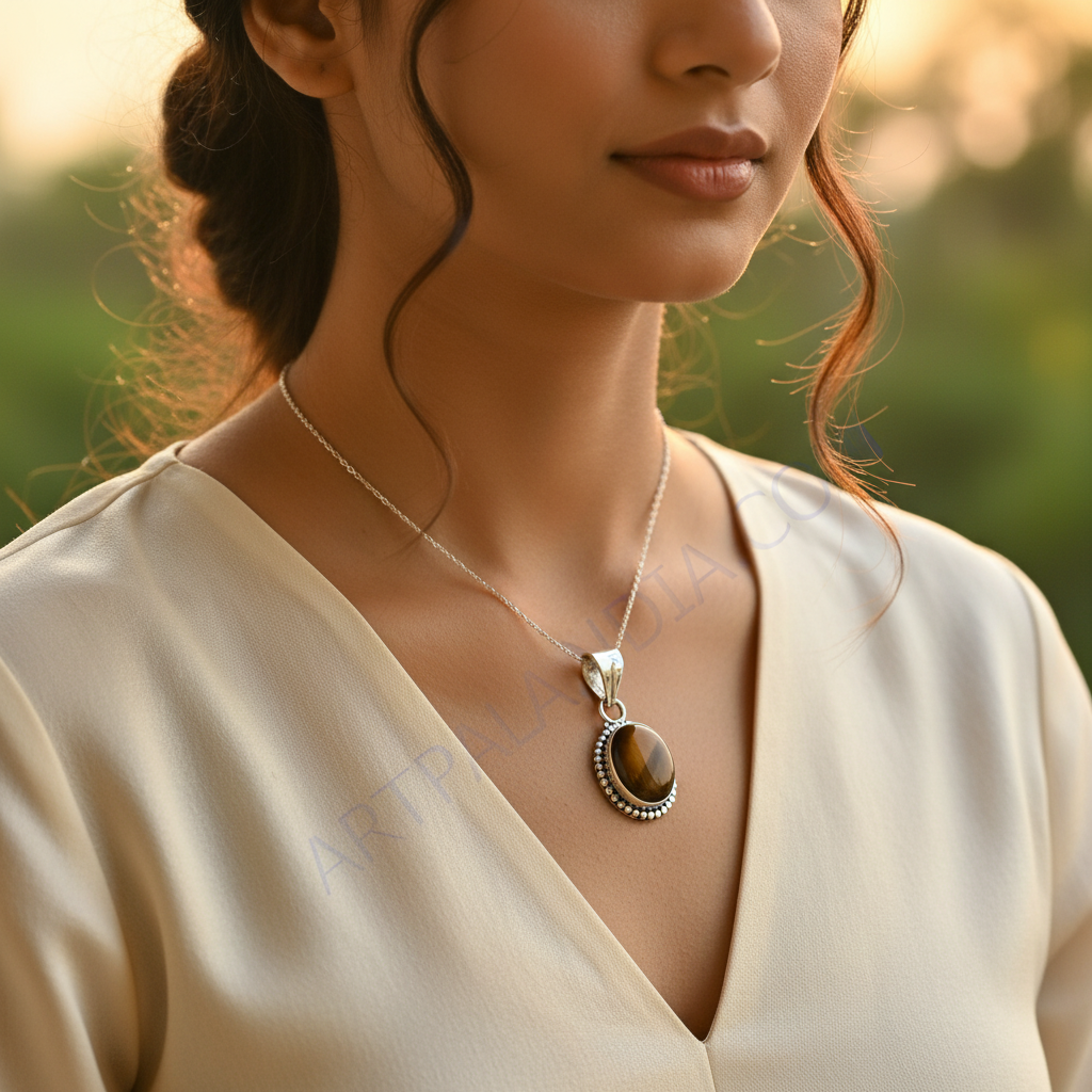 925 silver tiger's eye pendant | oval stone necklace for women