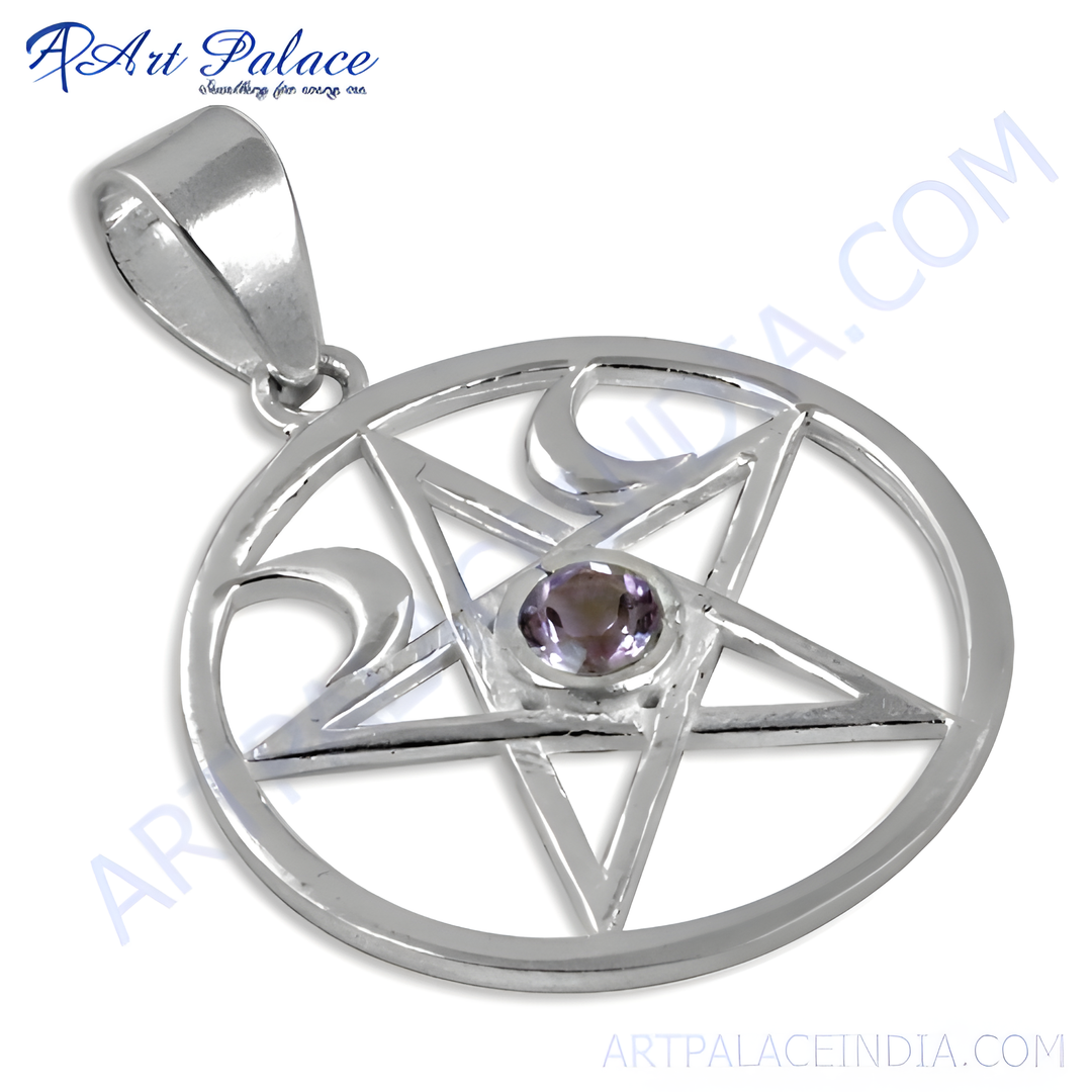 925 sterling silver pentacle pendant with round purple amethyst gemstone center
