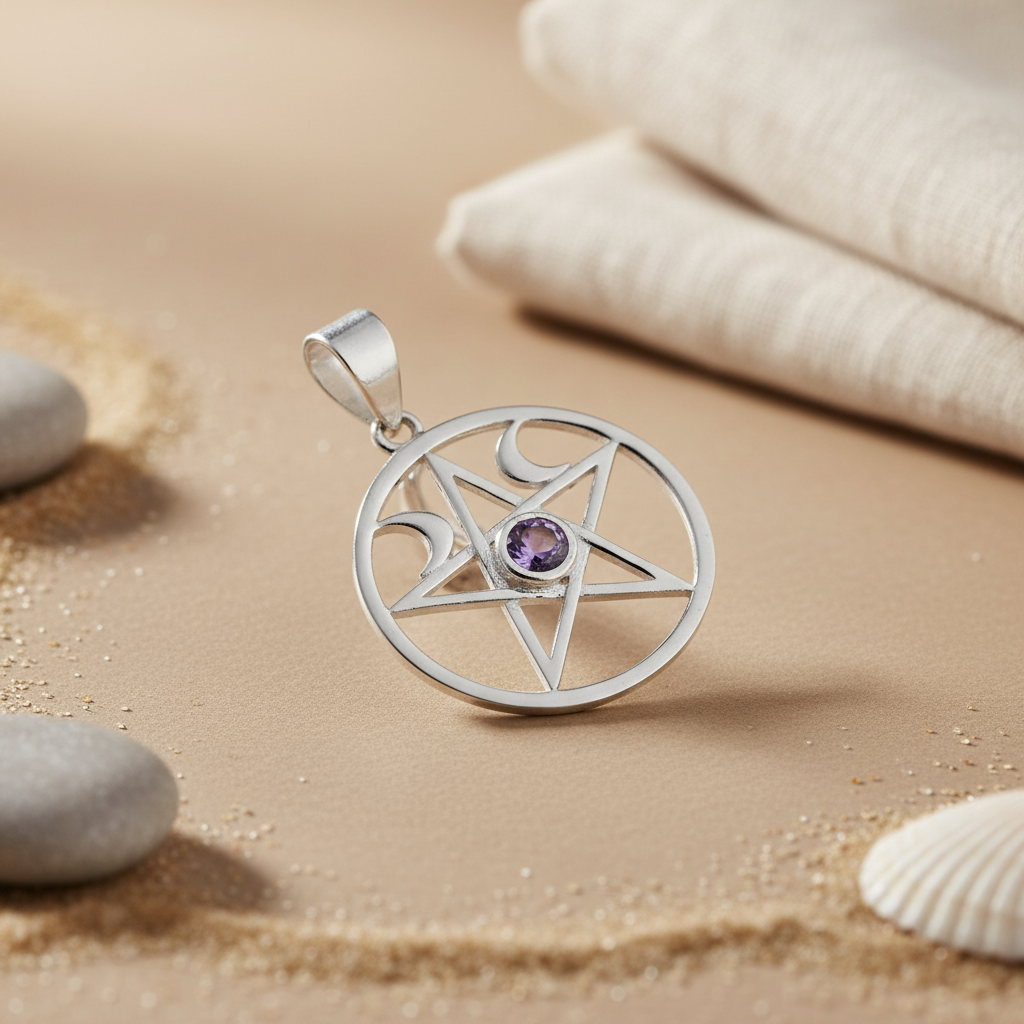 925 Silver Pentacle Pendant with Amethyst Stone | Protection Jewelry