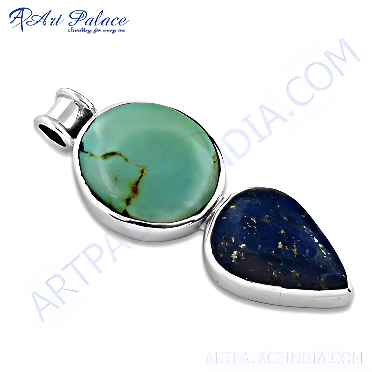 Sterling silver pendant with oval turquoise stone and teardrop lapis lazuli gemstone