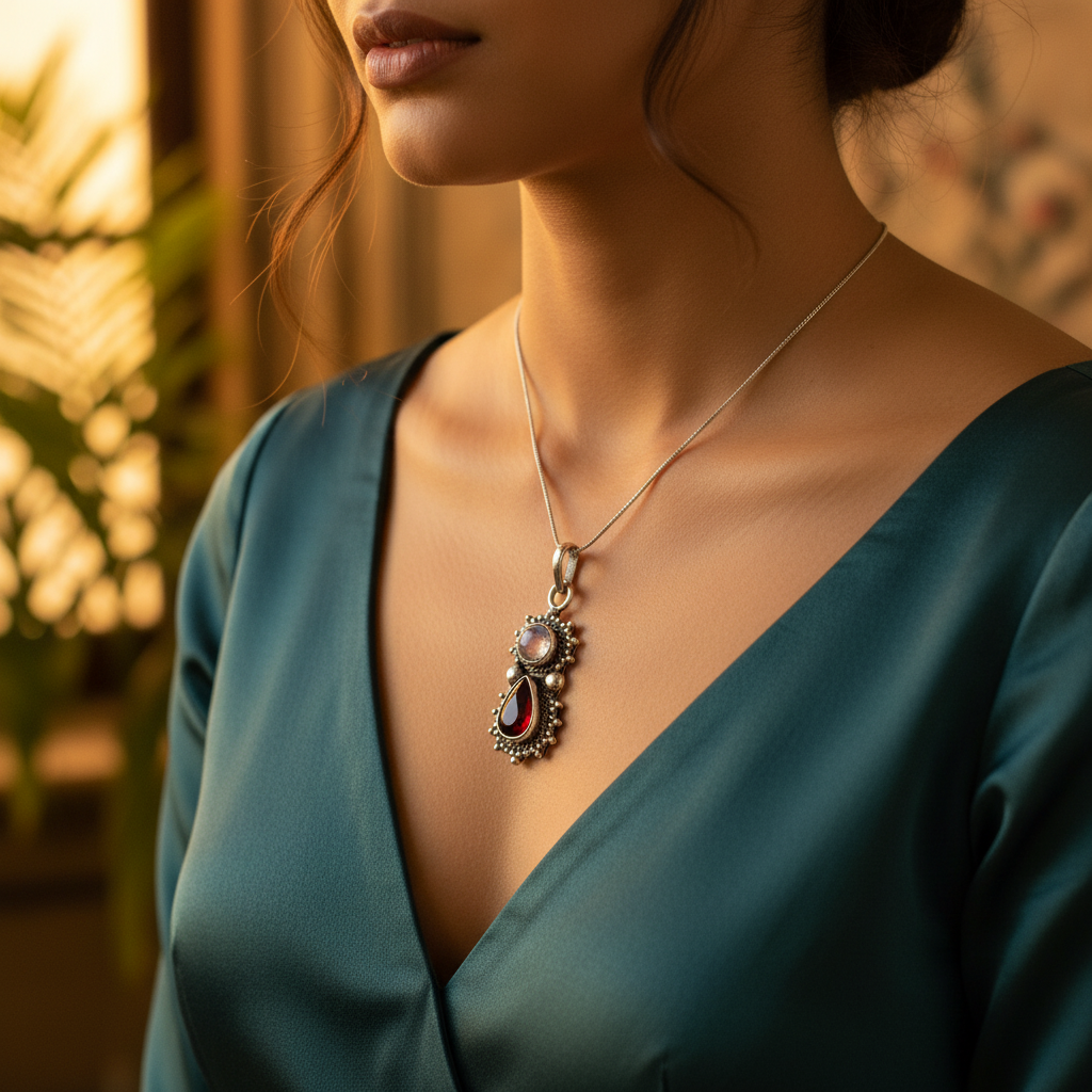925 Silver Garnet & Moonstone Pendant for Women | Gemstone Jewelry