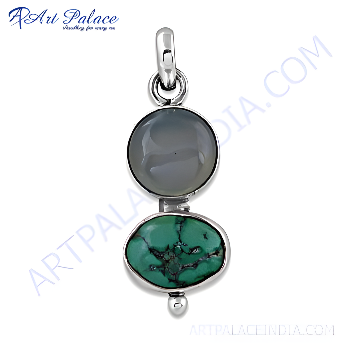 Sterling silver pendant necklace featuring a round gray agate stone and green turquoise