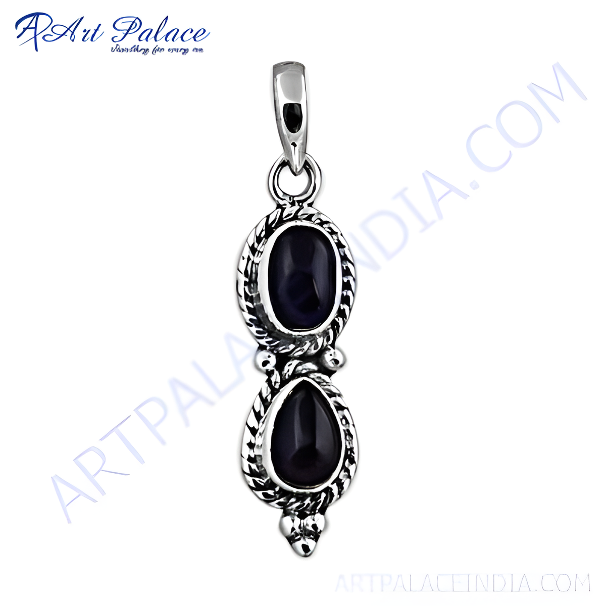 Sterling silver pendant featuring two black onyx gemstones, perfect for women's jewelry