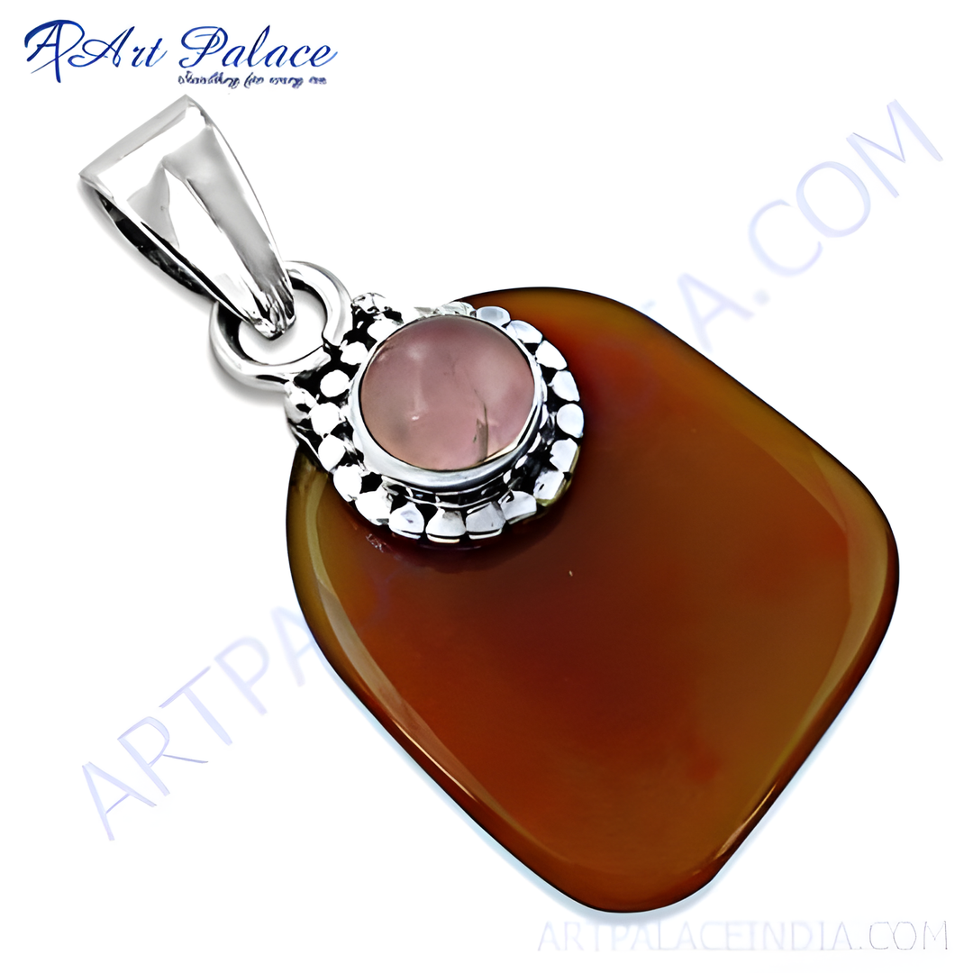 925 sterling silver pendant with a brown gemstone and a rose quartz center stone, ideal for women.