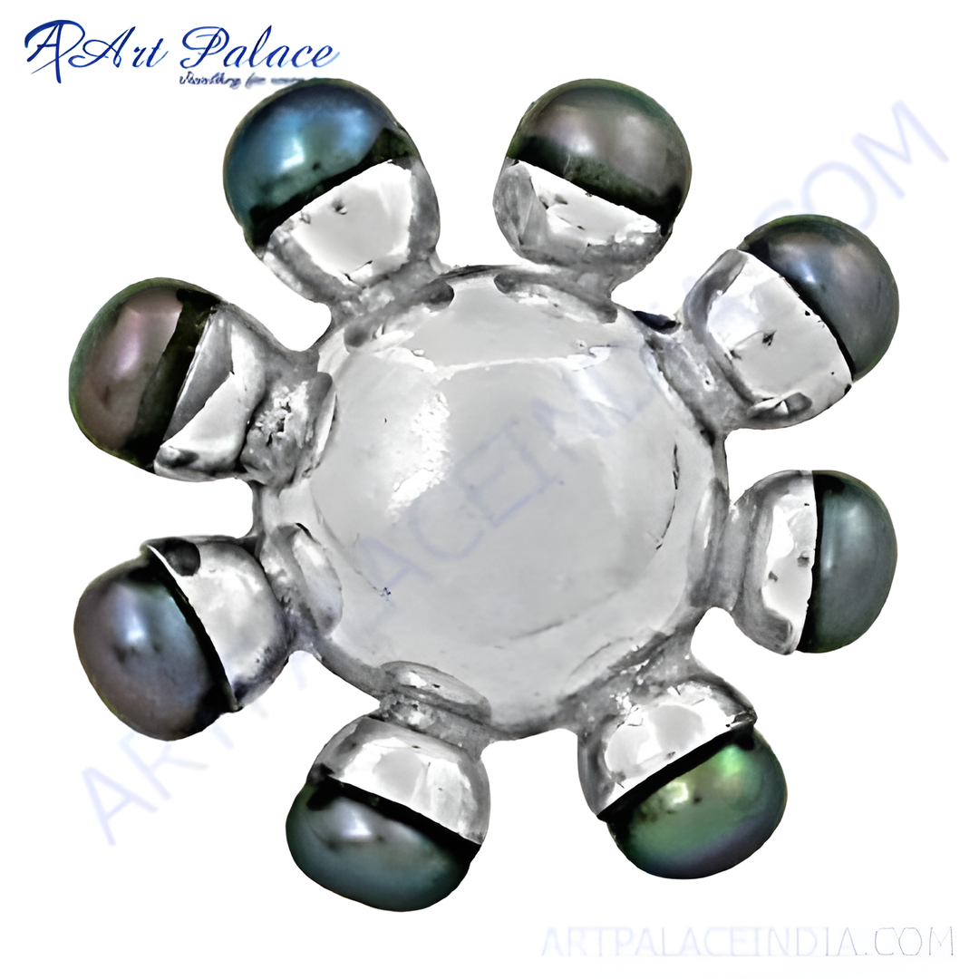 Sterling silver flower pendant with central pearl and surrounding iridescent pearls, ideal for women's jewelry.