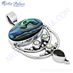 Load image into Gallery viewer, 925 sterling silver abalone shell pendant with pearl accents and a teardrop-shaped onyx stone.
