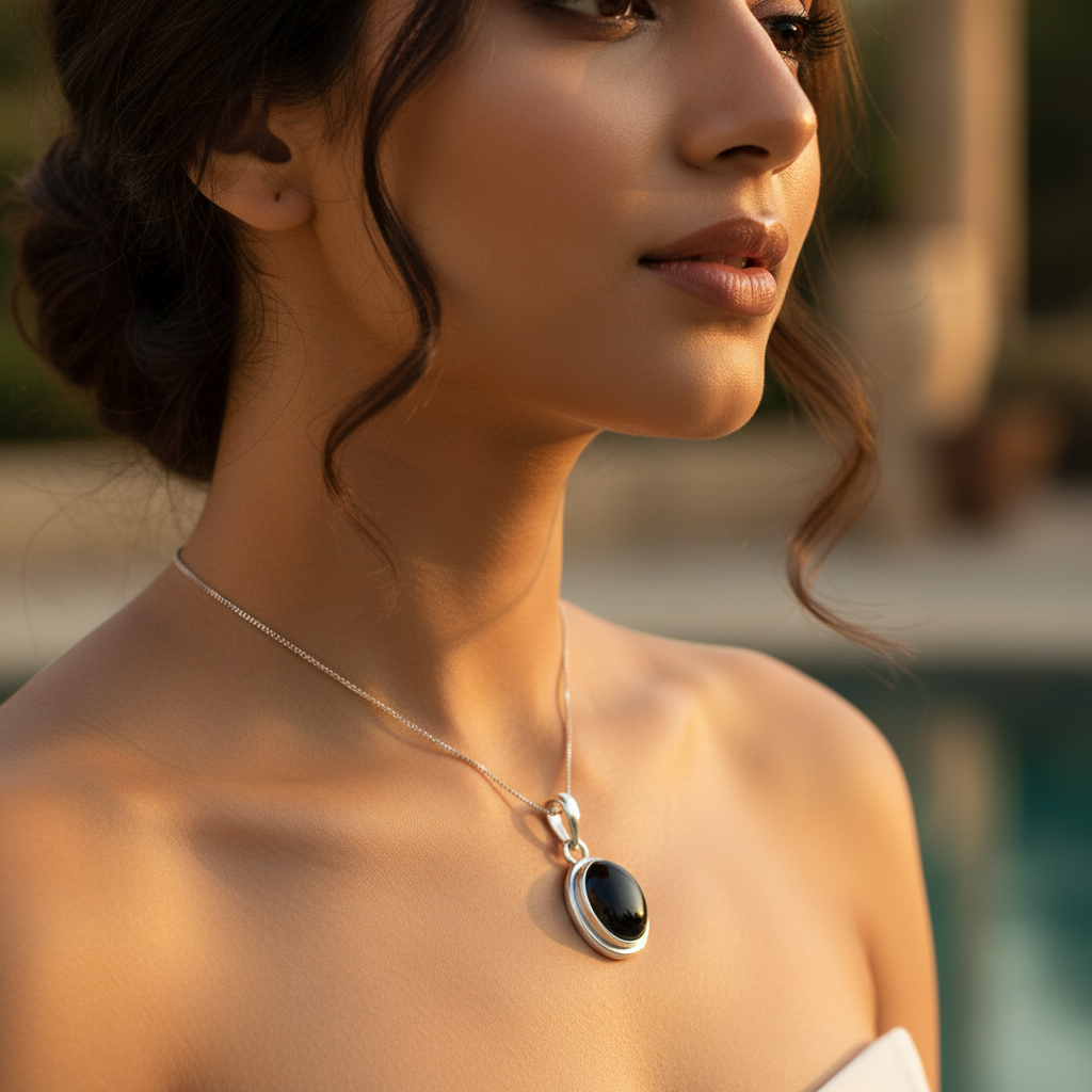 925 Silver Black Onyx Pendant | Oval Gemstone Jewelry for Women
