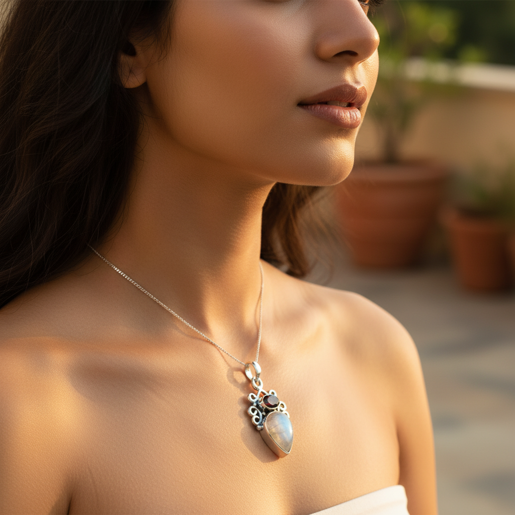 925 Silver Moonstone & Garnet Pendant | Women's Necklace