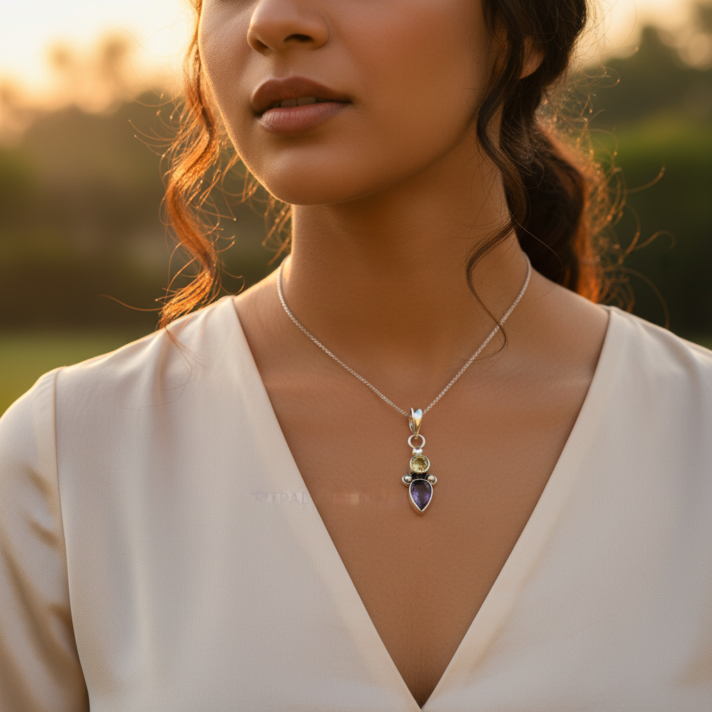 925 Silver Amethyst & Citrine Pendant for Women | Gemstone Jewelry