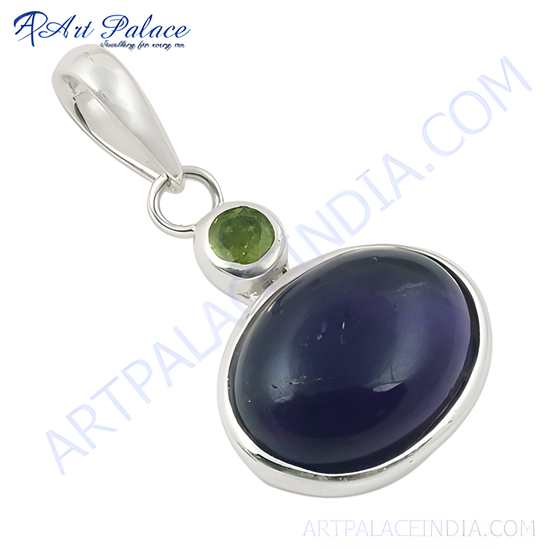 Sterling silver pendant with a large oval blue gemstone and a smaller green stone accent, perfect for women.