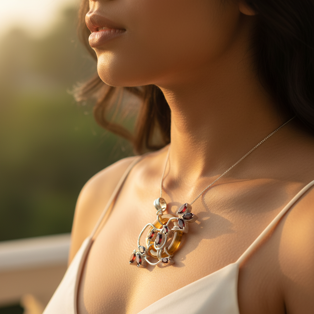 925 Silver Garnet Pendant Necklace for Women | Floral Jewelry