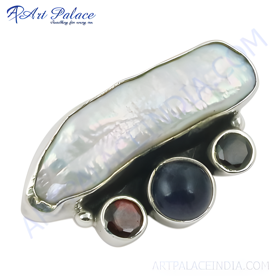 Sterling silver ring with a white pearl and three colorful gemstones.
