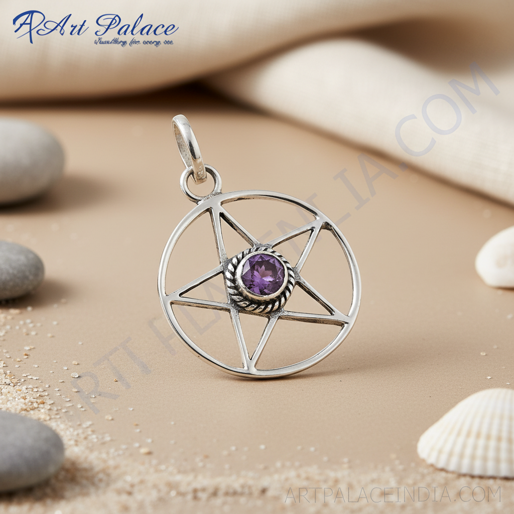 925 Silver Pentagram Pendant with Amethyst Stone | Wiccan Jewelry