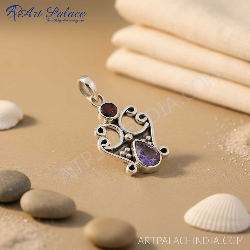 925 silver amethyst & garnet pendant | women's gemstone jewelry