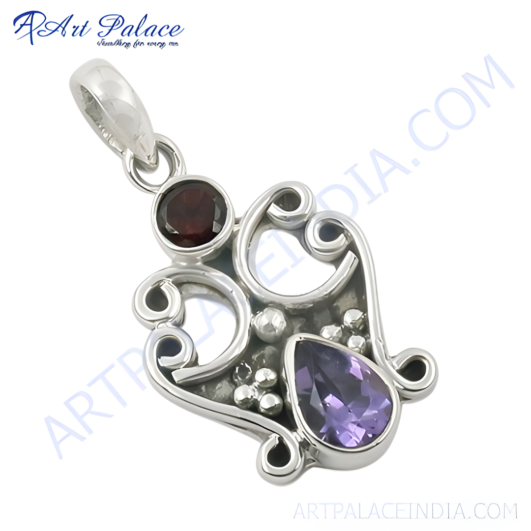 925 sterling silver amethyst and garnet gemstone pendant, teardrop purple stone, fancy design.