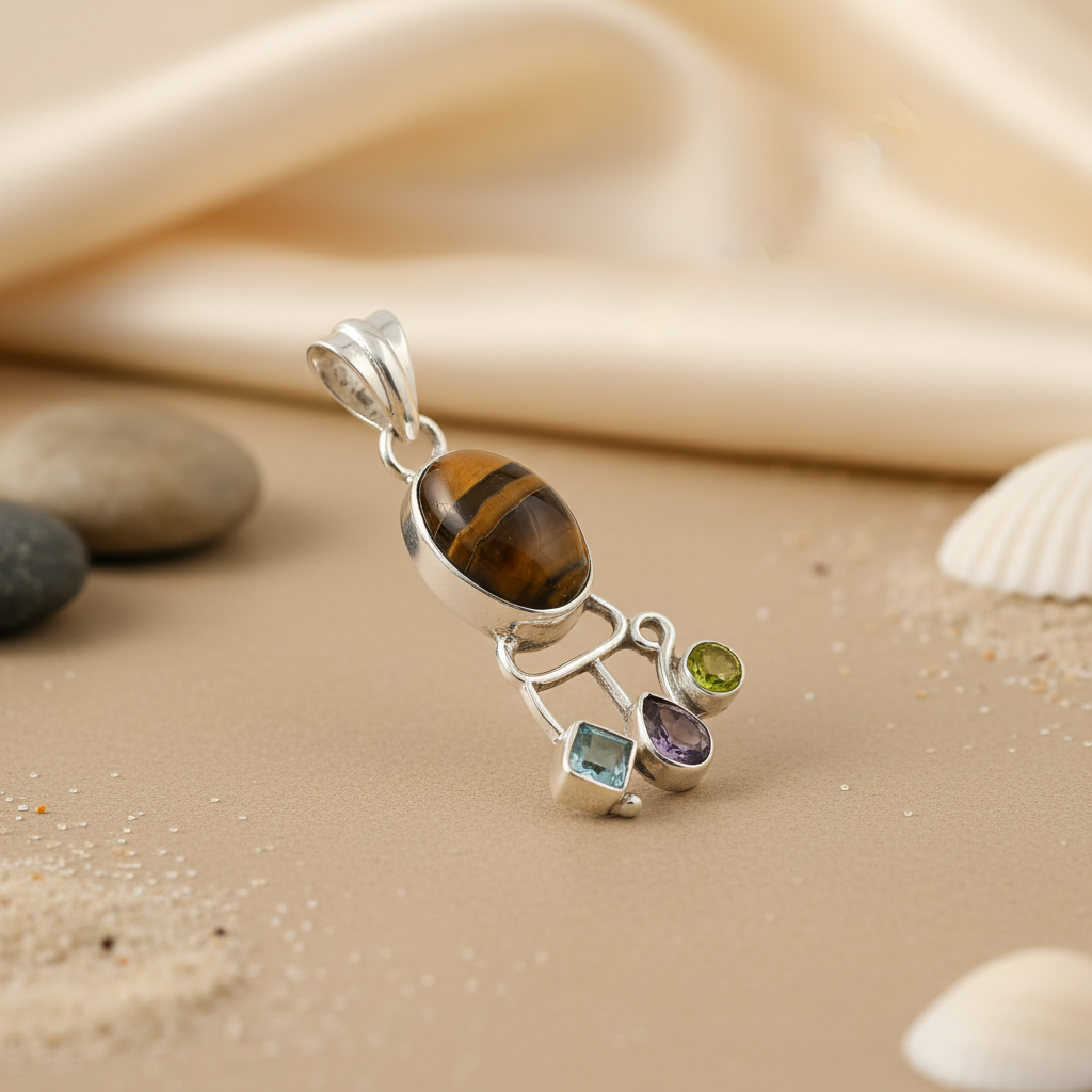 925 Sterling Silver Tiger Eye Gemstone Pendant Necklace for Women