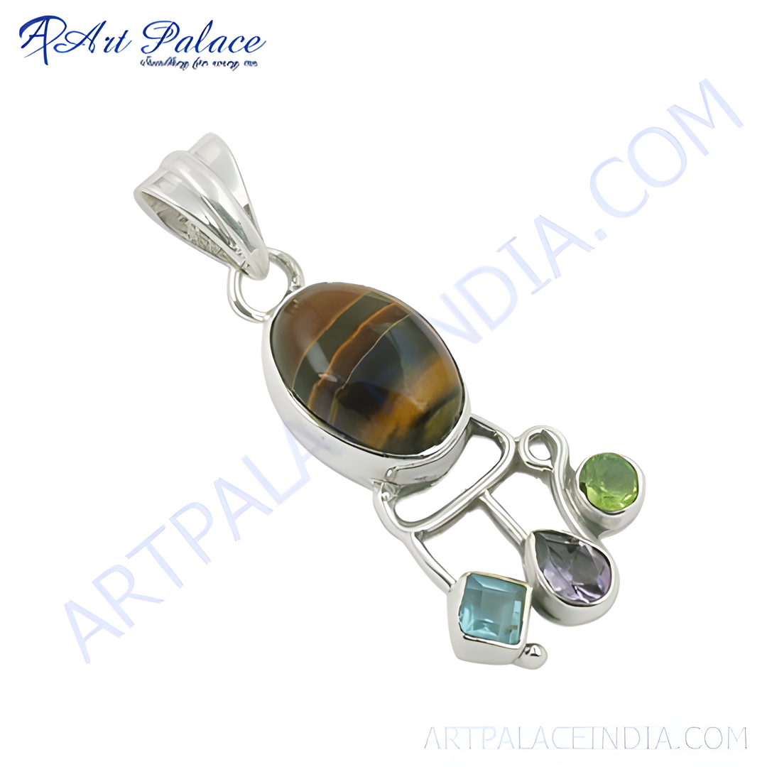 925 sterling silver tiger eye gemstone pendant with peridot, amethyst, and blue topaz accents