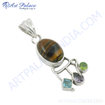 Load image into Gallery viewer, 925 sterling silver tiger eye gemstone pendant with peridot, amethyst, and blue topaz accents
