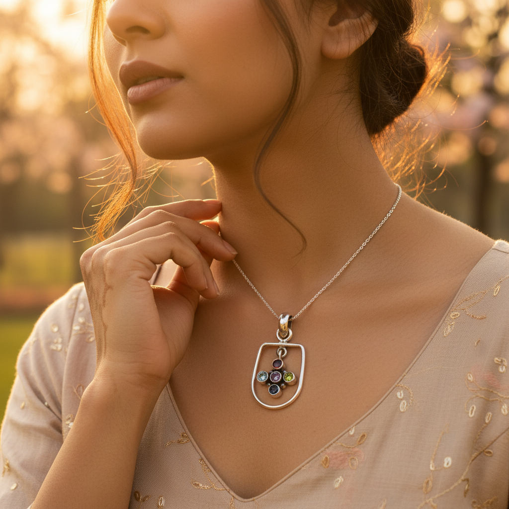 925 Silver Multi-Gemstone Pendant Necklace for Women