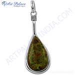 Load image into Gallery viewer, 925 sterling silver unakite pendant, green and red gemstone necklace, teardrop shaped jewelry for women
