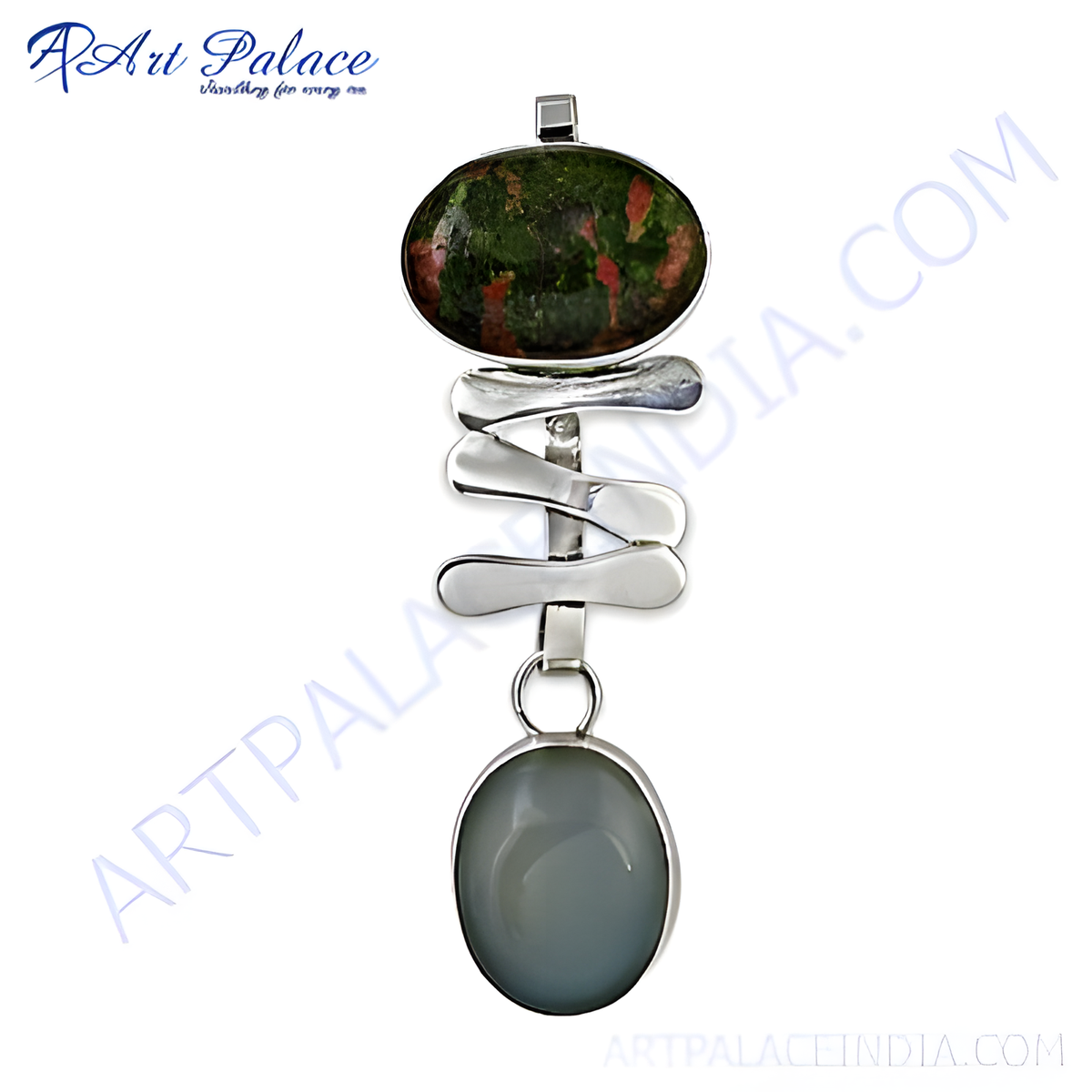 Sterling silver pendant necklace featuring an oval green and red unakite stone and a grey agate stone