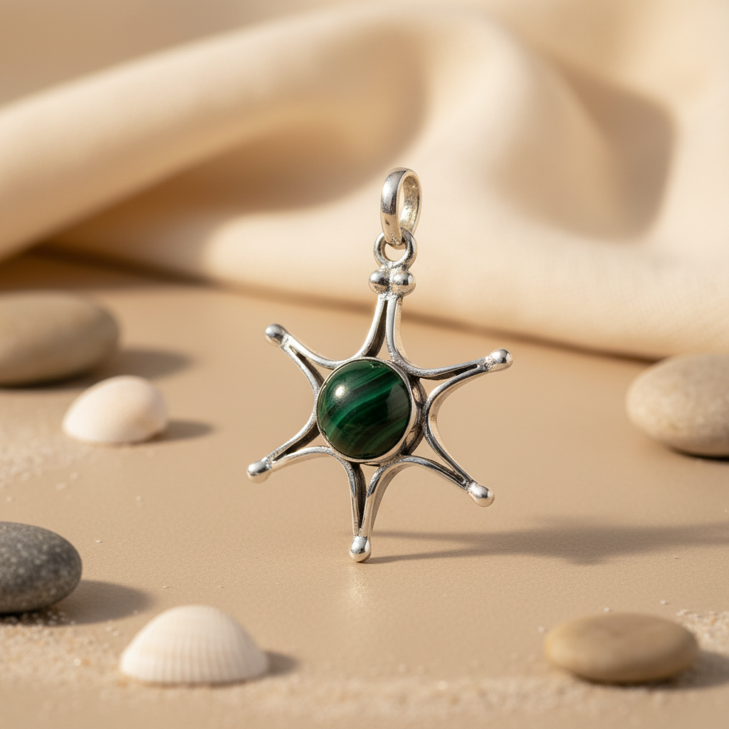 925 Sterling Silver Malachite Pendant | Starburst Design | Gift