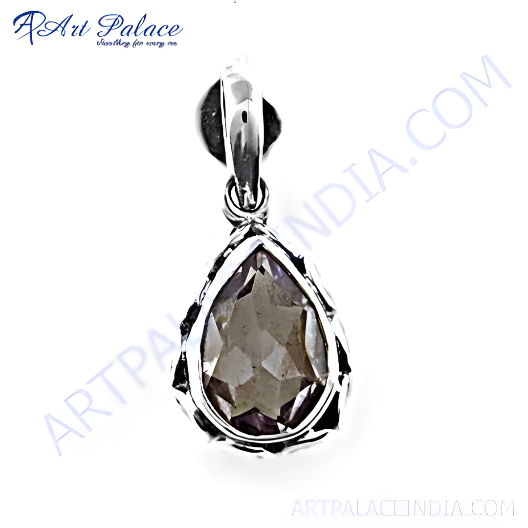 925 sterling silver teardrop smoky quartz pendant for women. Brown gemstone pendant