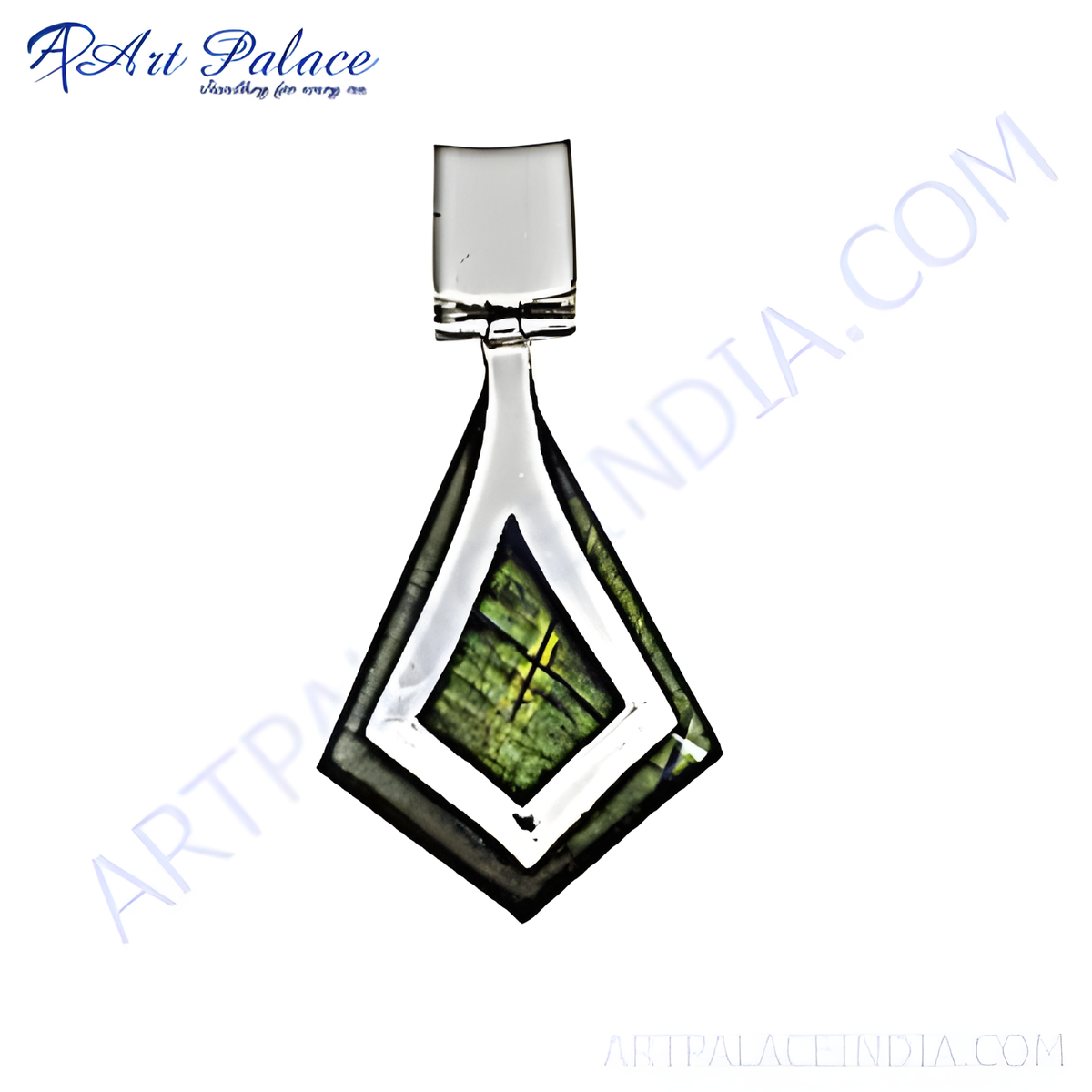 Geometric pendant with a unique design and a vibrant green stone, perfect for women