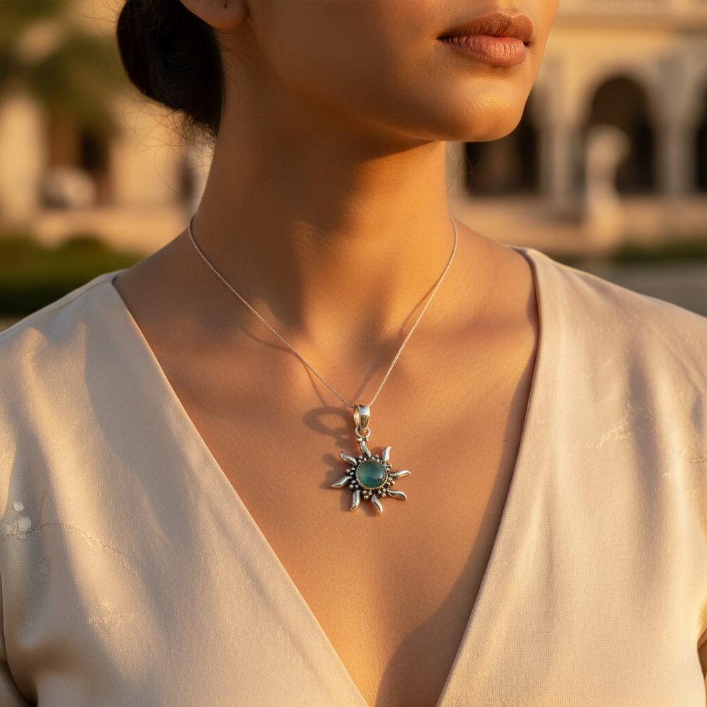 925 Silver Sunburst Pendant | Blue Gemstone for Women