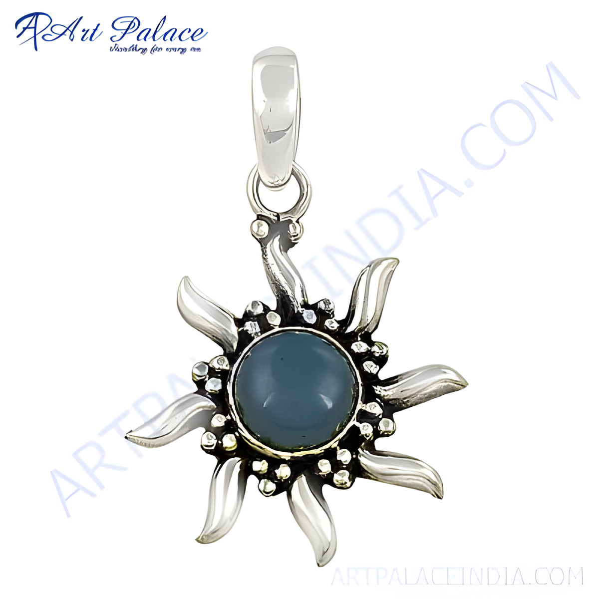 925 sterling silver sunburst pendant with a blue gemstone center for women